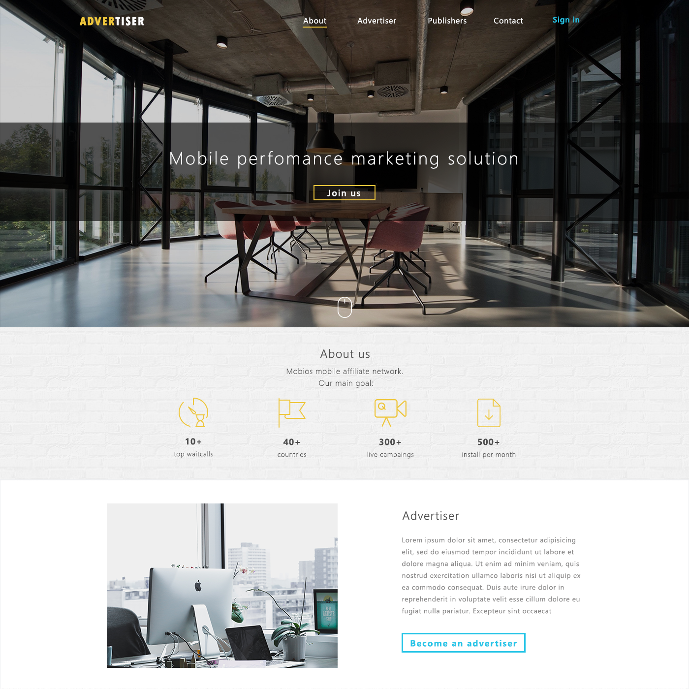Web design landing page for company Advertiser